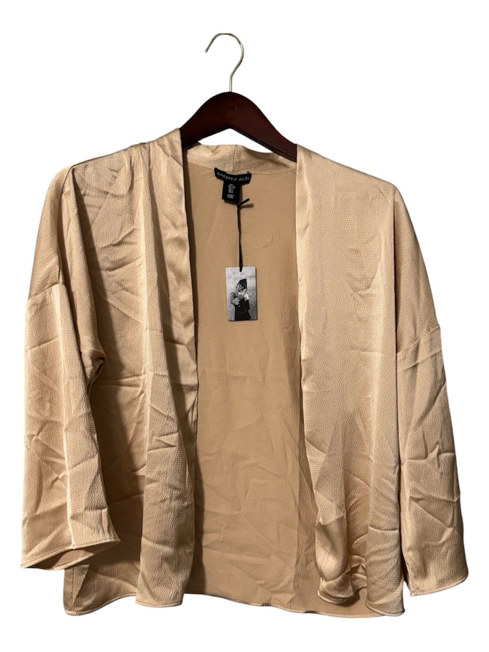 NWT Sincerely Jules Beige Satin Open Front Kimono Jacket Cardigan - Size L